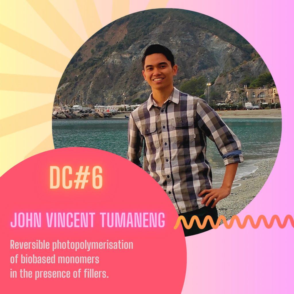 photo of JOHN_VINCENT_TUMANENG , description text of his Reversible photopolymerisation of biobased monomers in the presence of fillers